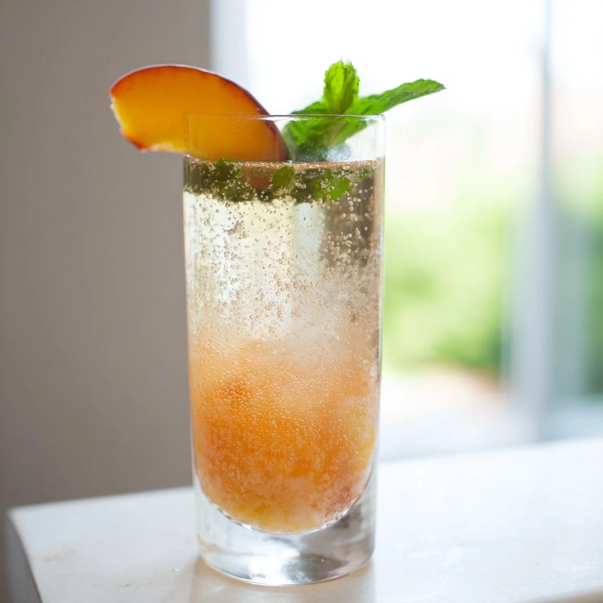 Refreshing Ginger Peach Sparkler cocktail garnished with fresh peach slices and mint sprigs on a sunny patio