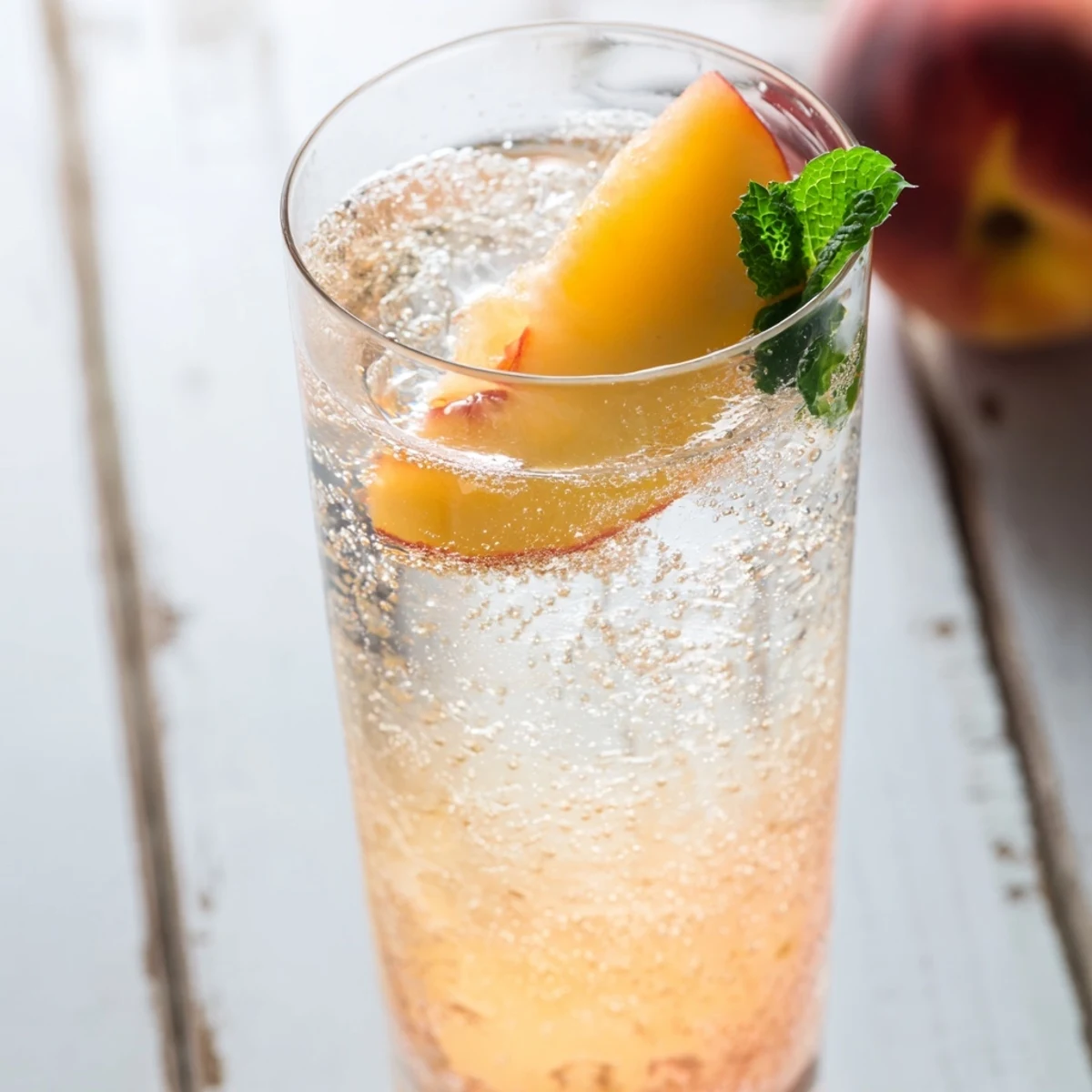 Summer Ginger Peach Sparkler beverage showing fizzy bubbles rising through the fruity peach ginger layered drink