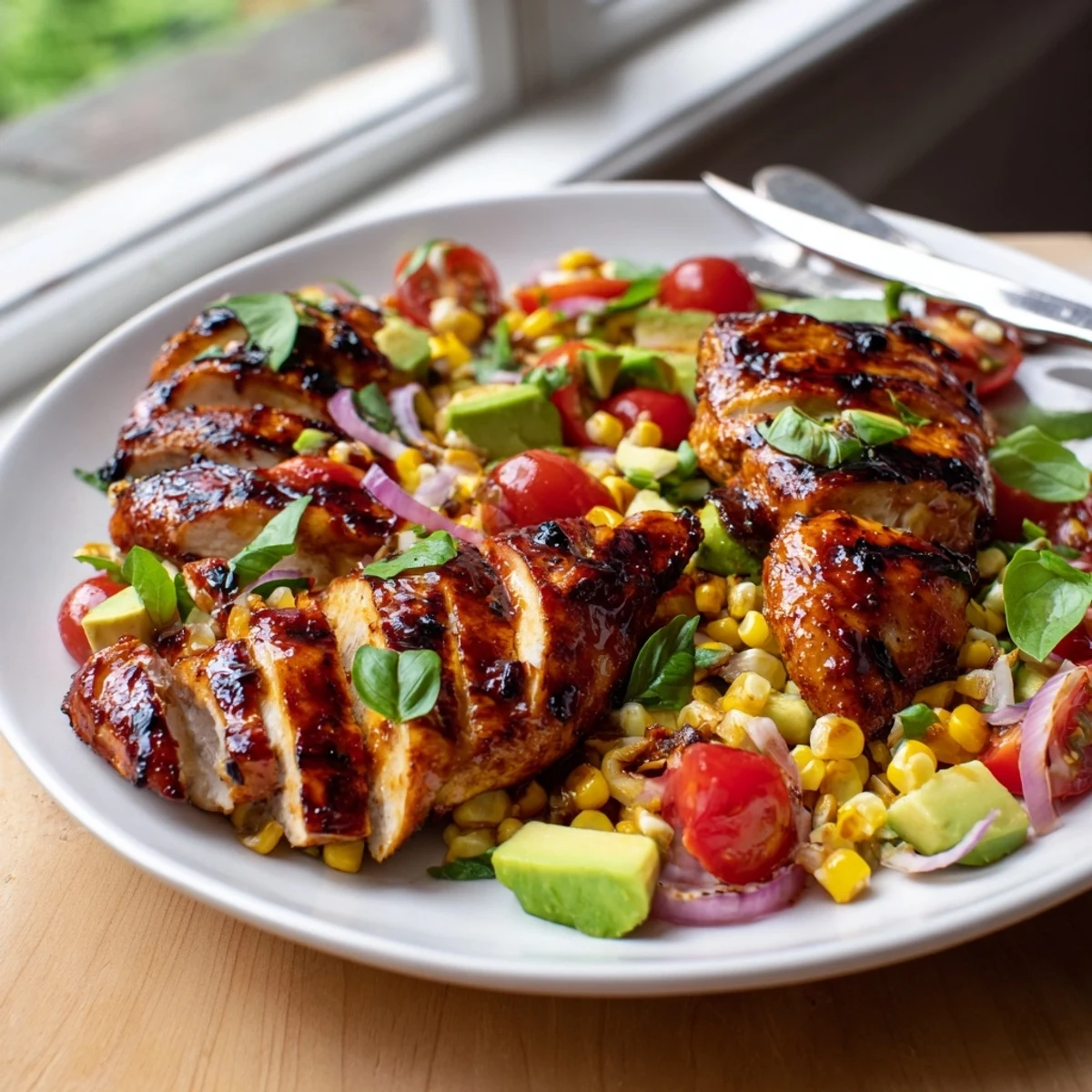 Golden grilled chicken breasts glazed with spicy hot honey served over fresh sweet corn salad