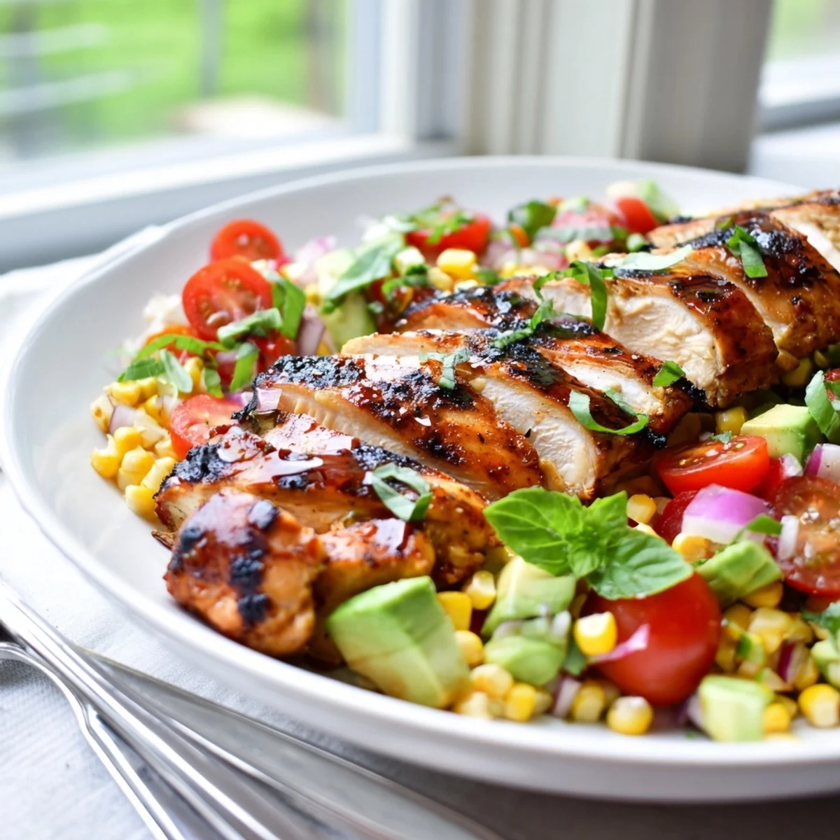 Juicy hot honey grilled chicken paired with vibrant corn salad featuring avocado cherry tomatoes and herbs