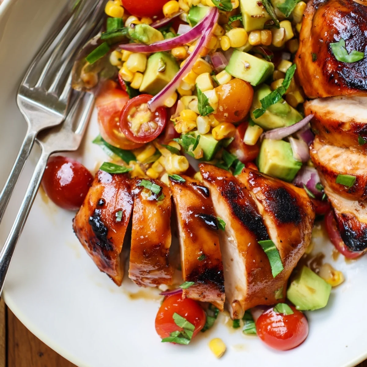 Summer plated dinner of sticky glazed chicken breast atop a colorful lime dressed corn salad