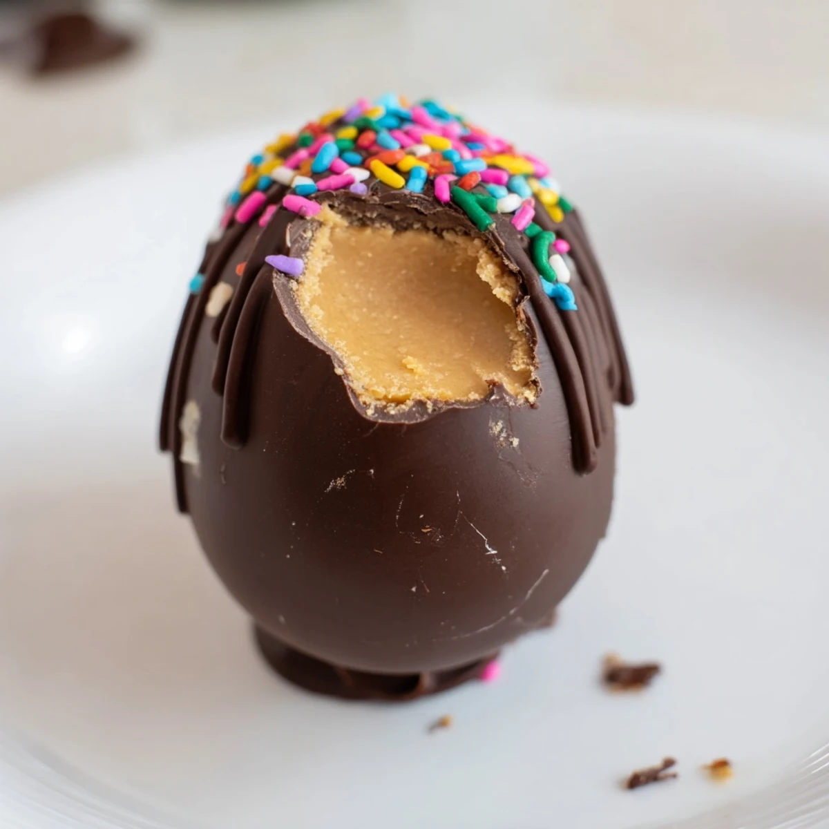 Creamy peanut butter Easter eggs on white plate with rich dark chocolate shell