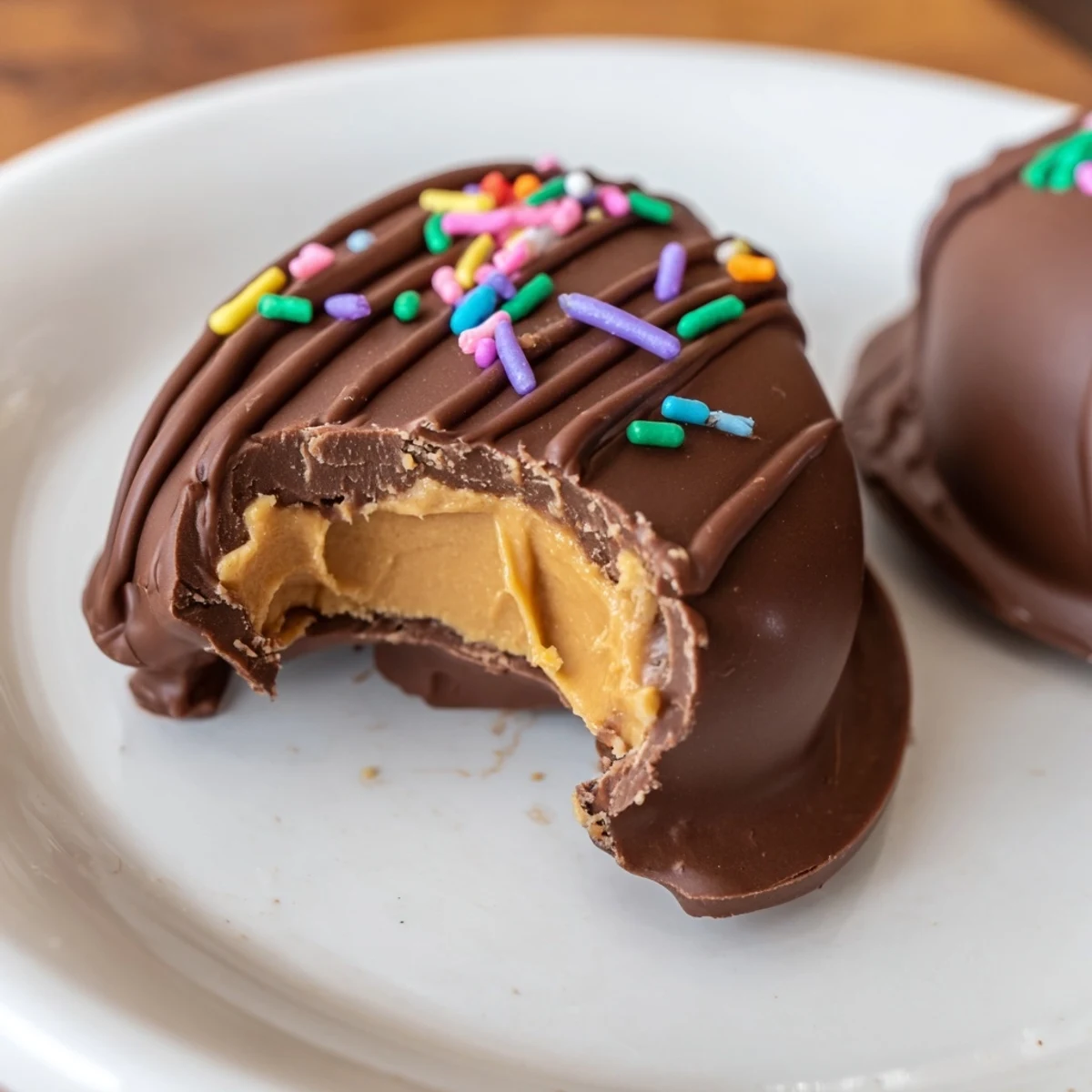 Homemade peanut butter Easter eggs arranged on platter showcasing smooth chocolate-dipped festive treats