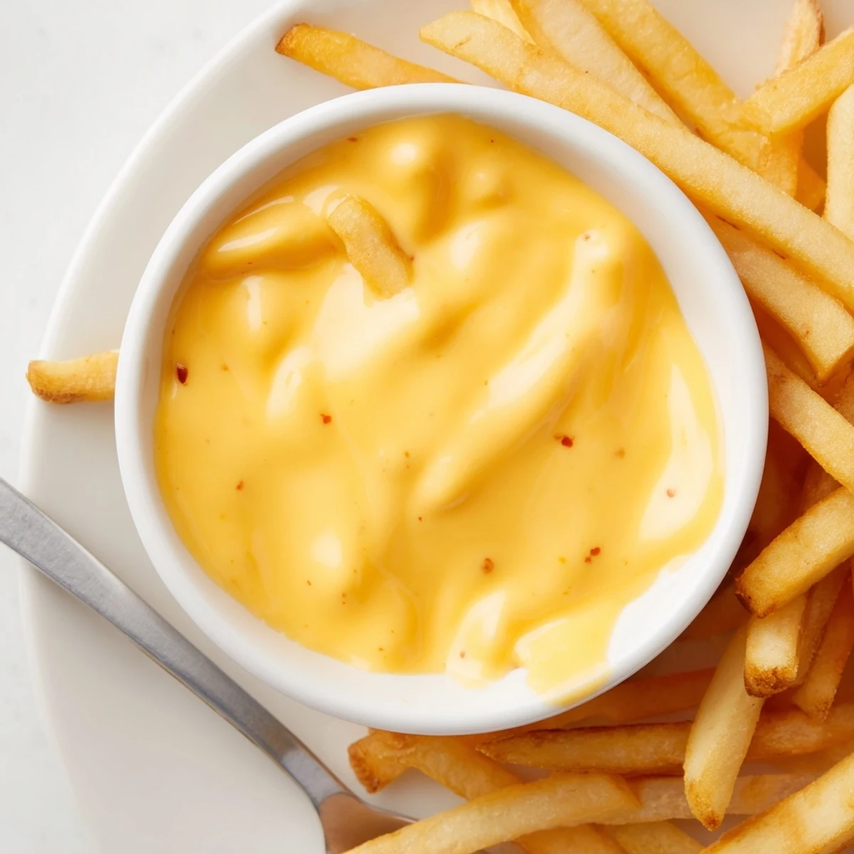 Golden cheese sauce for fries drizzled generously over crispy golden potato wedges
