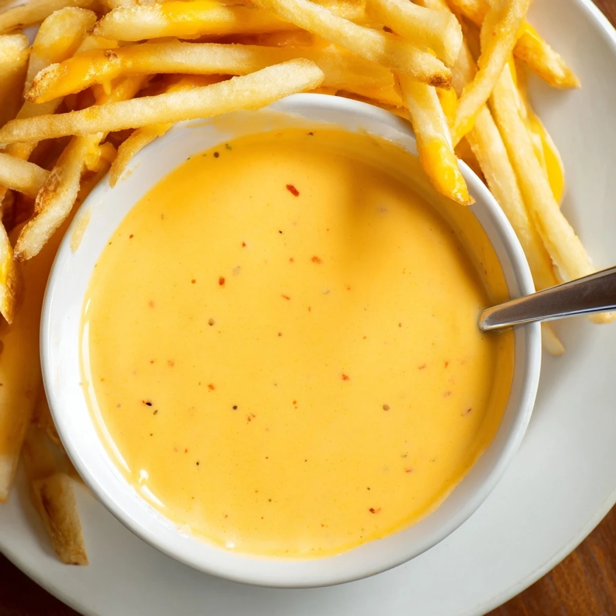 Creamy homemade cheese sauce for fries served in a white dipping bowl