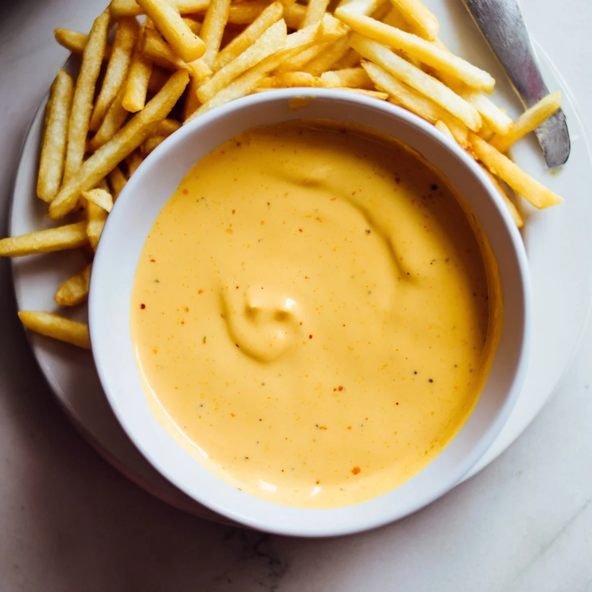 Rich melted cheese sauce for fries spiced with paprika and garlic powder