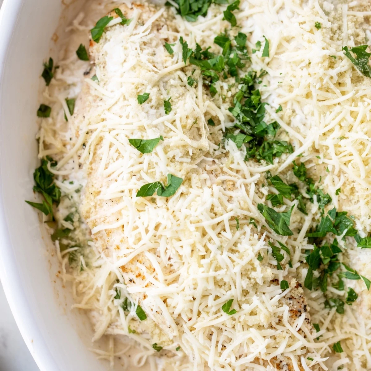 Golden brown chicken breast topped with melted mozzarella and creamy Caesar Parmesan sauce bubbling hot