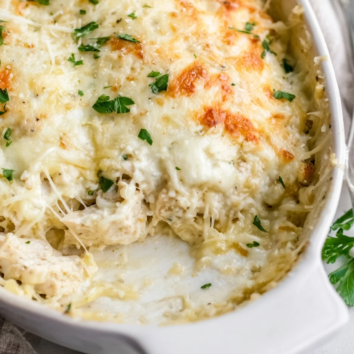 Juicy chicken fillet in a creamy white Caesar sauce with golden cheese crust and parsley garnish