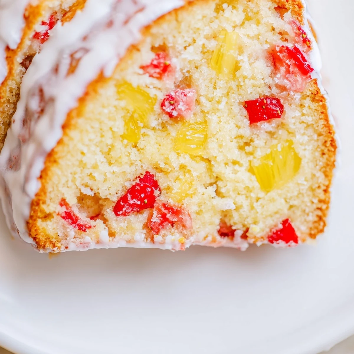 Moist pound cake slice revealing juicy red strawberries and yellow pineapple chunks throughout the tender crumb.