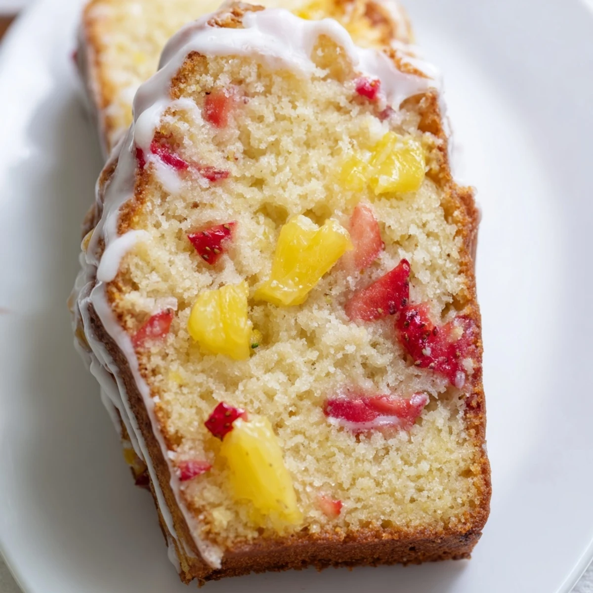 Fresh strawberry pineapple pound cake loaf drizzled with white icing and garnished with whole ripe strawberries.