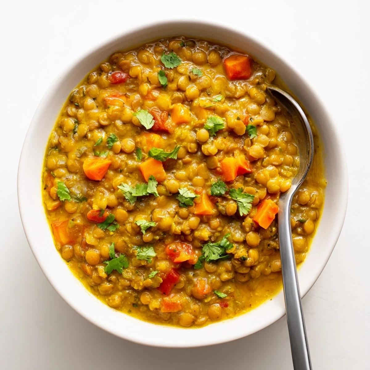 Hearty protein-packed Greek yogurt lentil curry garnished with fresh cilantro and warm naan