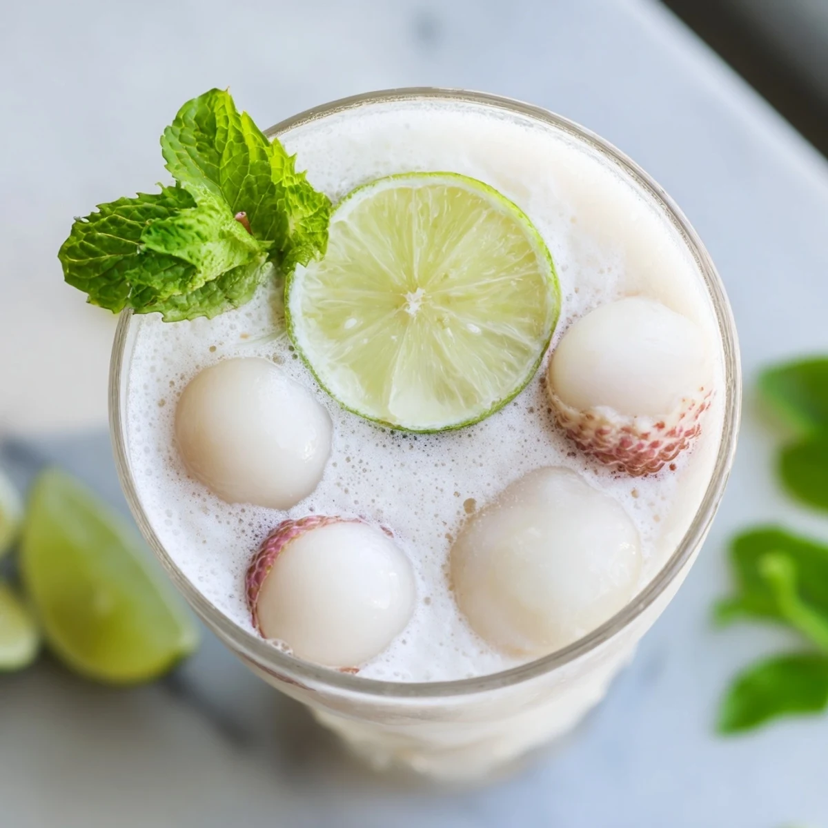 Creamy coconut lychee iced drink garnished with fresh lime wedges and mint leaves in a tall glass