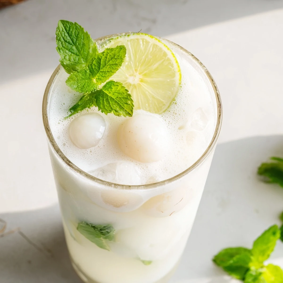 Refreshing coconut lychee iced drink served chilled with vibrant green mint sprig and lime wheel garnish