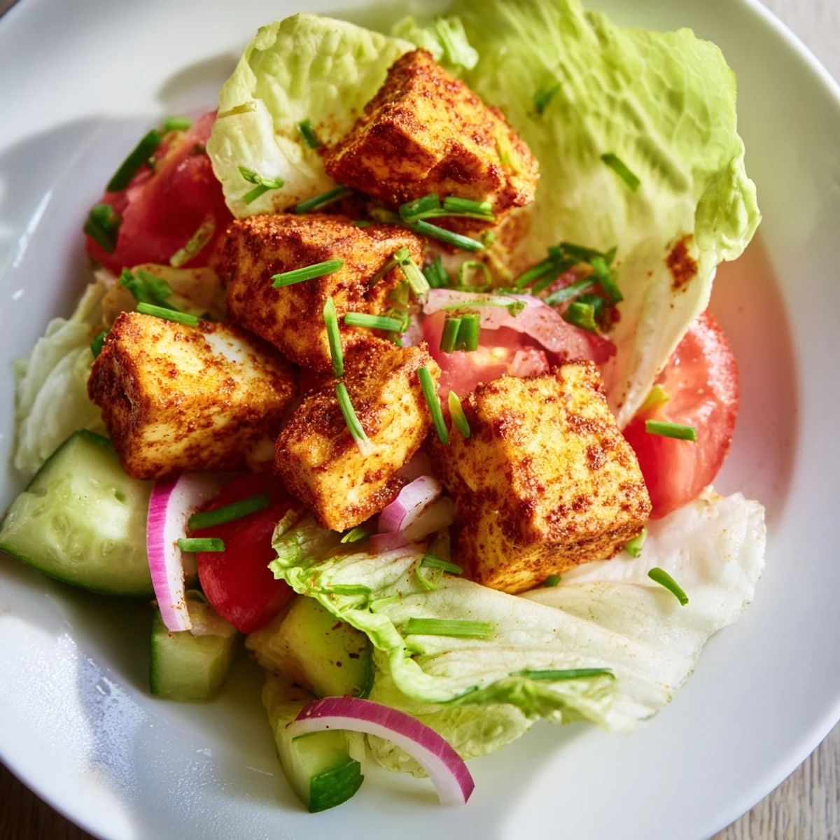 Vegan summer smoky tofu lettuce tomato salad featuring golden pan-fried tofu and fresh colorful vegetables