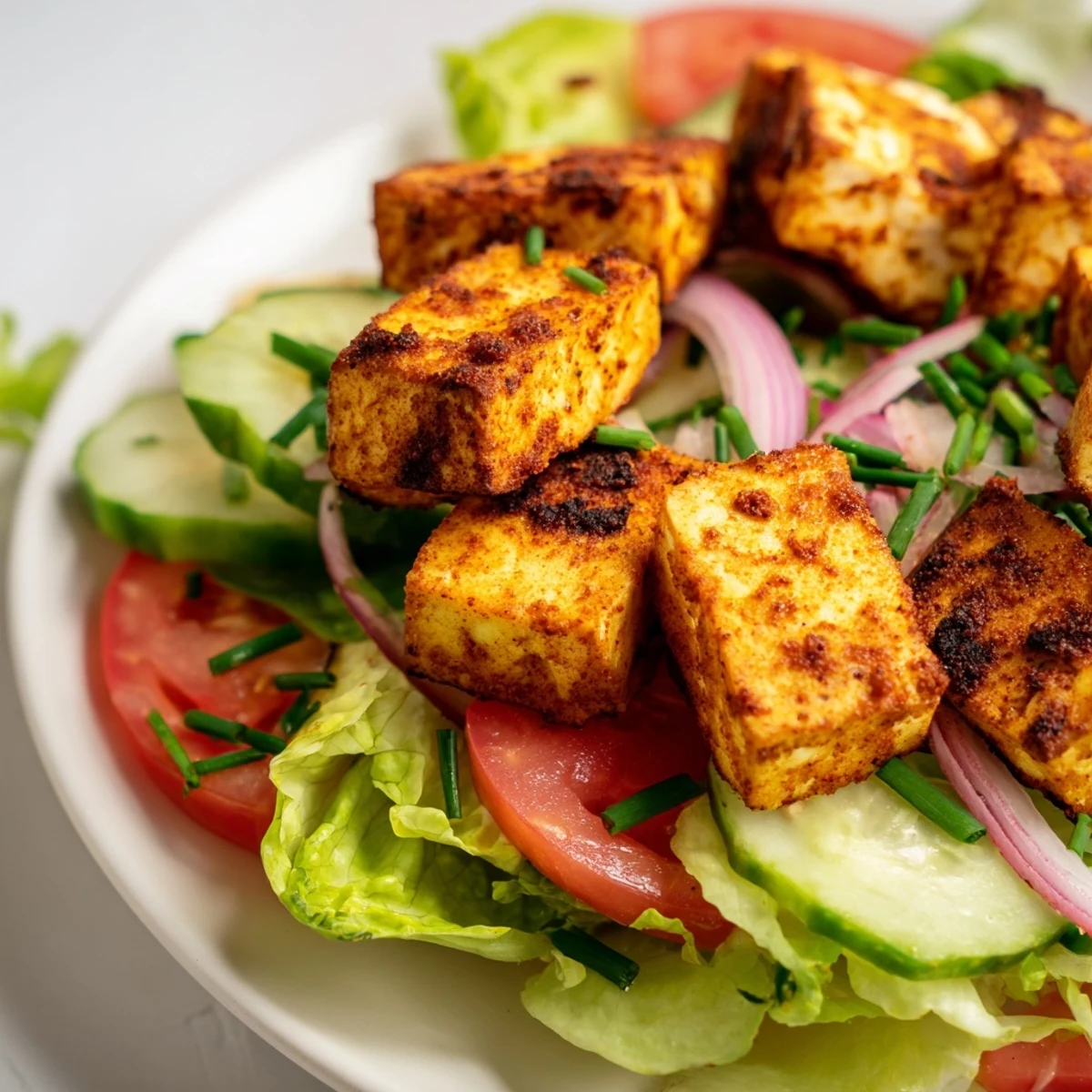 Golden smoky tofu cubes atop crisp romaine lettuce with juicy ripe tomatoes in a summer salad bowl