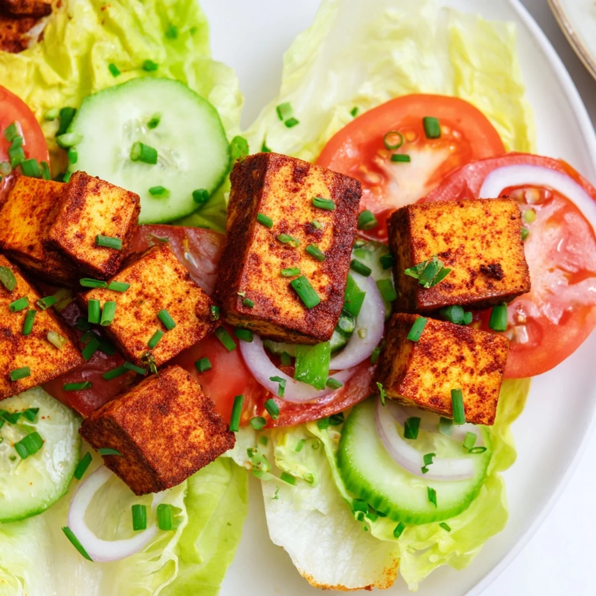 Colorful bowl of smoky tofu lettuce tomato salad with crisp greens and savory seasoned tofu pieces