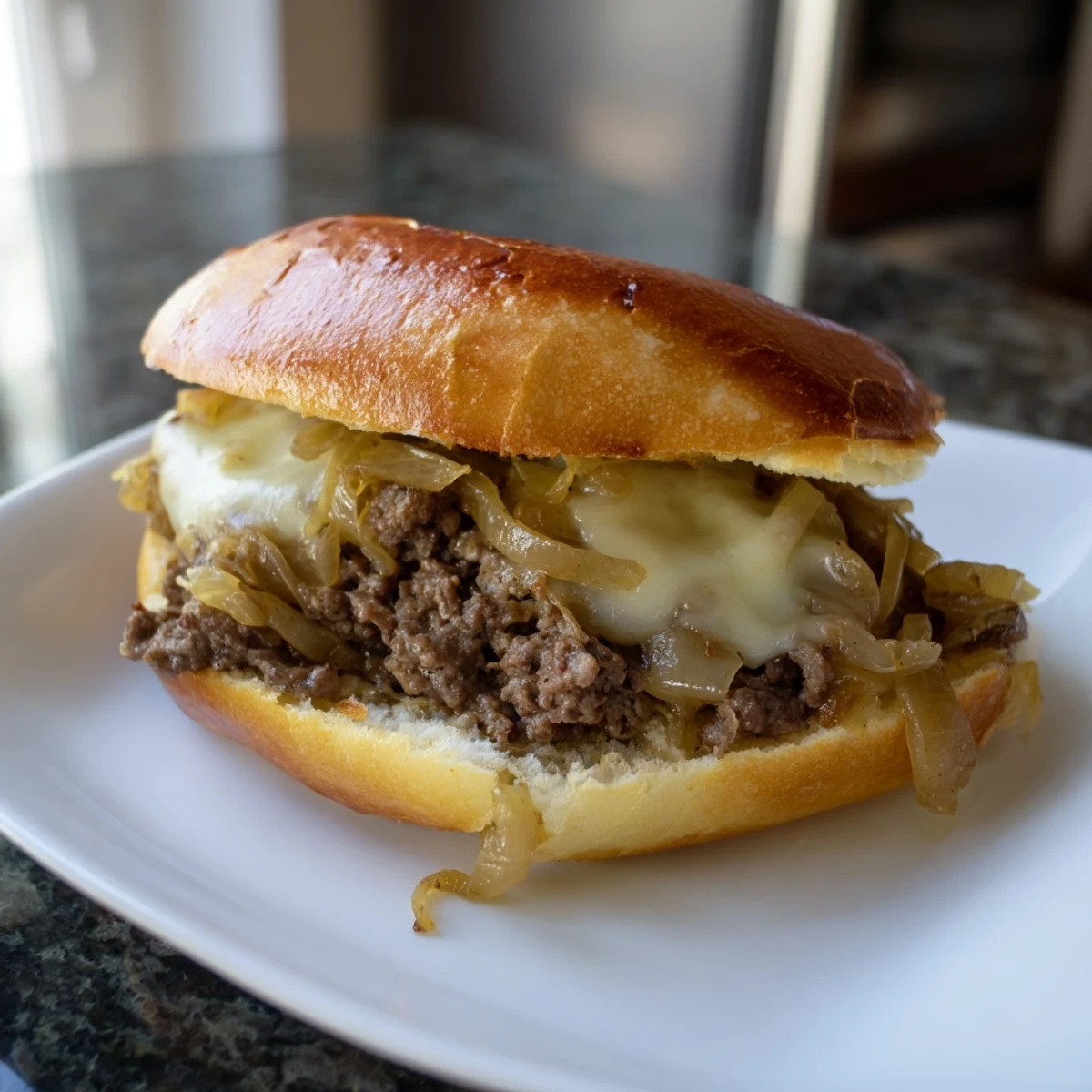 Golden caramelized onions and seasoned ground beef piled on toasted brioche buns