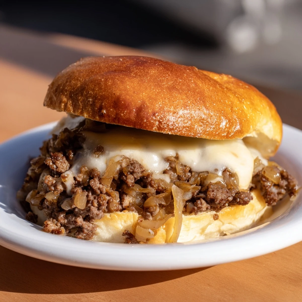 Melty provolone cheese tops this rich French onion beef sloppy Joe sandwich