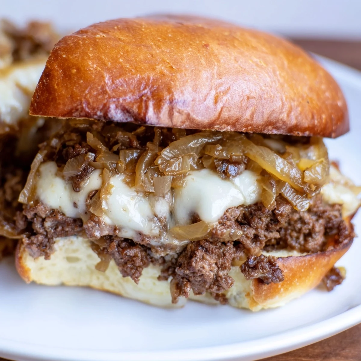 Savory beef and caramelized onion mixture overflowing from a toasted hamburger bun