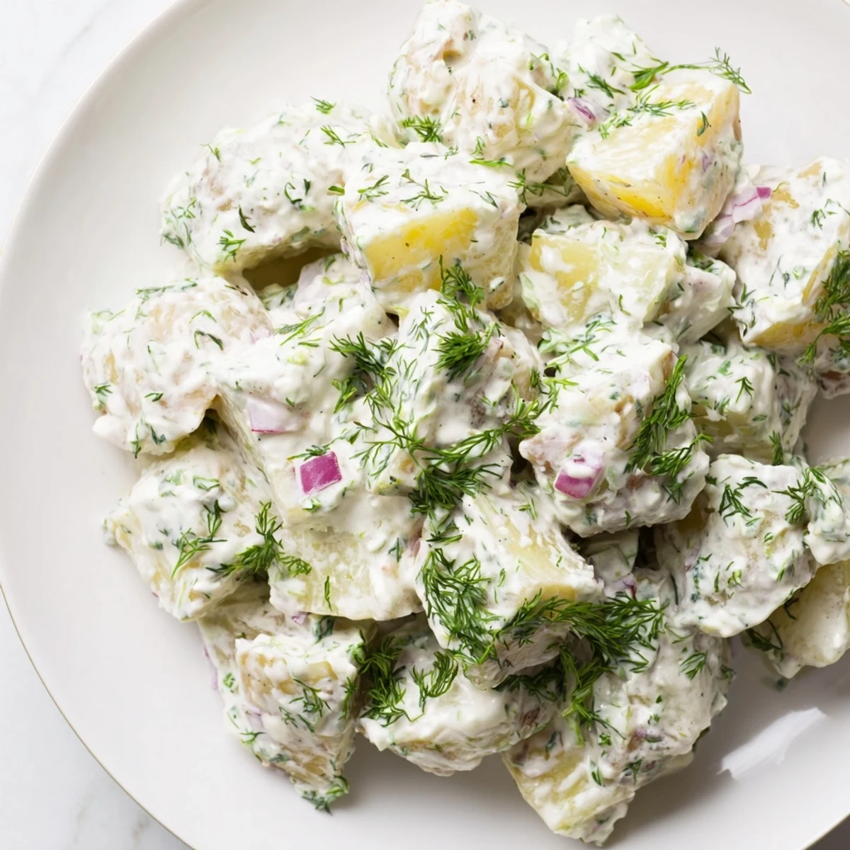 Creamy Greek yogurt potato salad with tender potatoes, crisp red onion, and fresh green herbs in a serving bowl