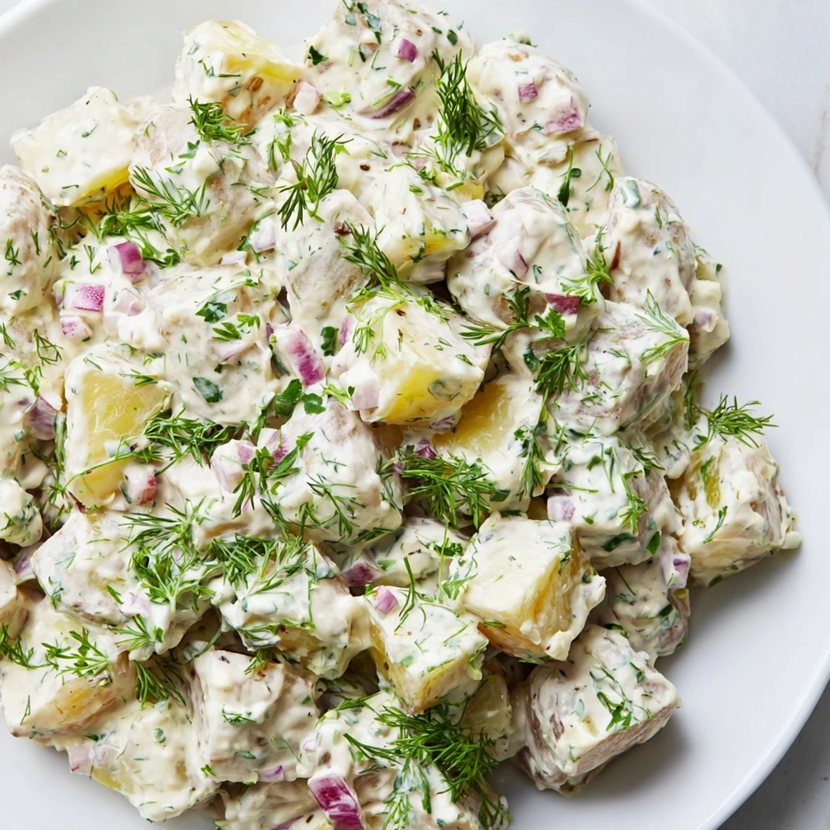 Light and tangy Greek yogurt potato salad featuring baby potatoes, crunchy celery, and vibrant dill for summer barbecues