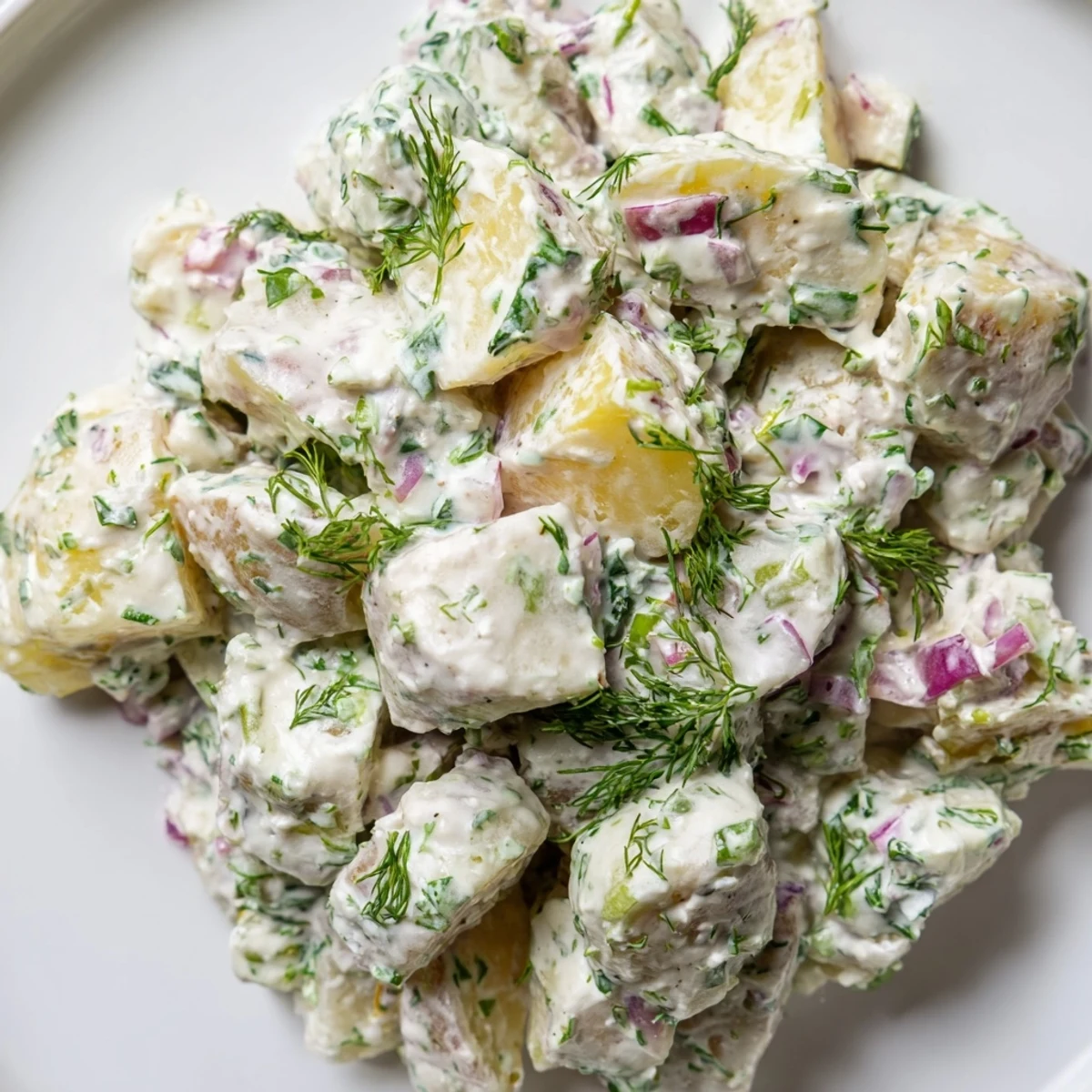 Golden potato pieces coated in Greek yogurt dressing with colorful vegetables and chopped parsley on a white platter