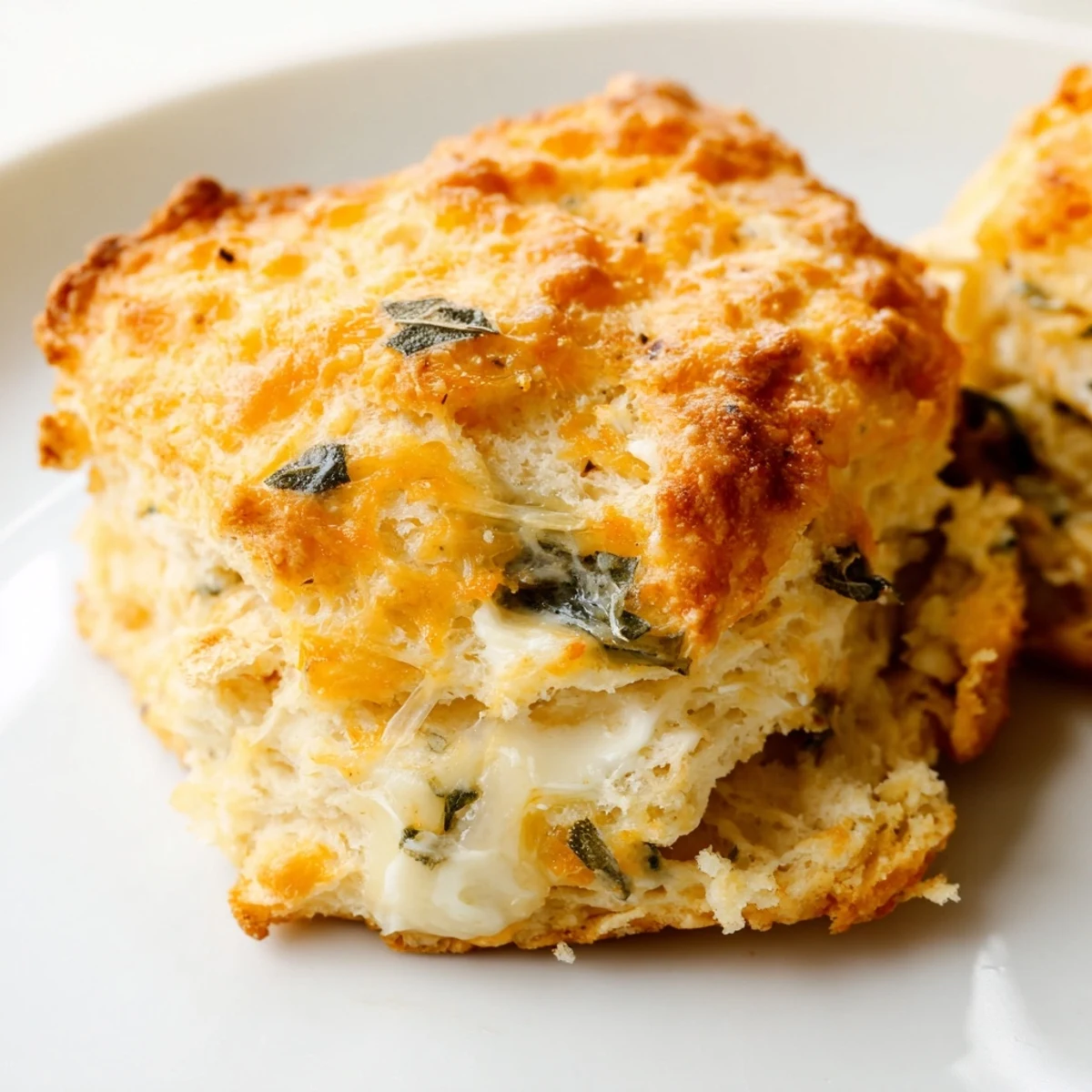 Warm buttery sage and Gruyere biscuits broken open showing tender layers and cheese pockets