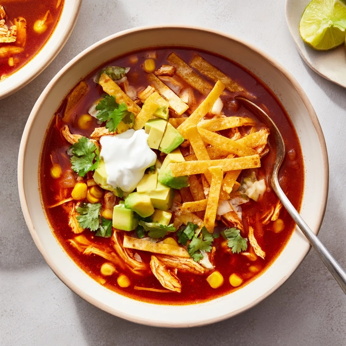Golden tortilla strips garnishing a steaming bowl of spicy Mexican tortilla soup with fresh cilantro