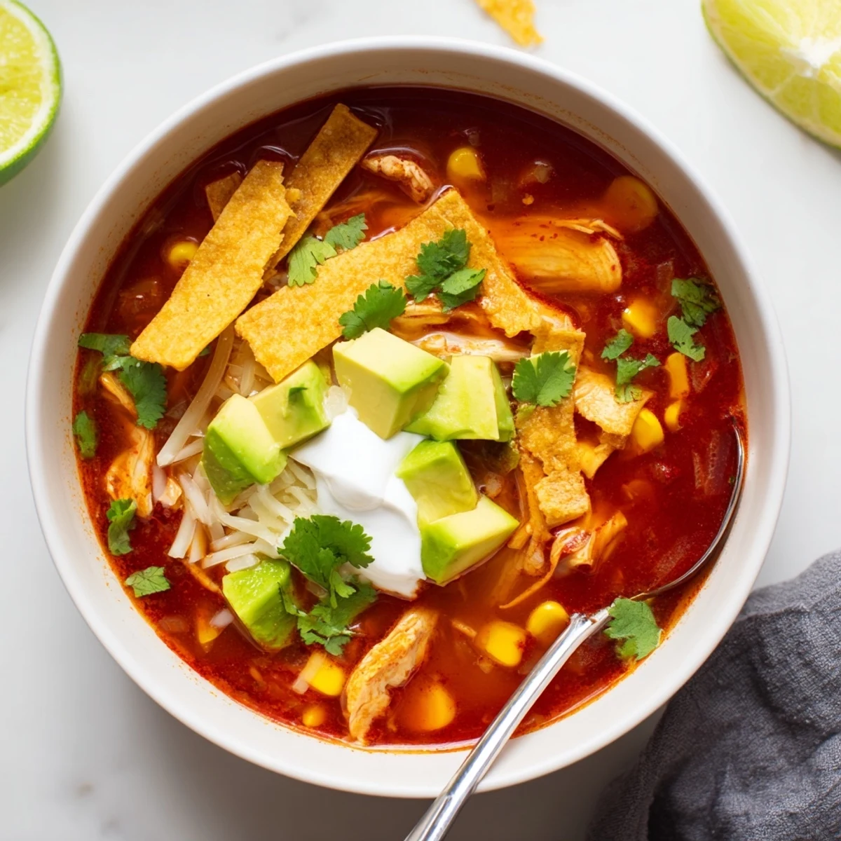 Bowl of Mexican tortilla soup topped with crispy tortilla strips, avocado, and melted cheese