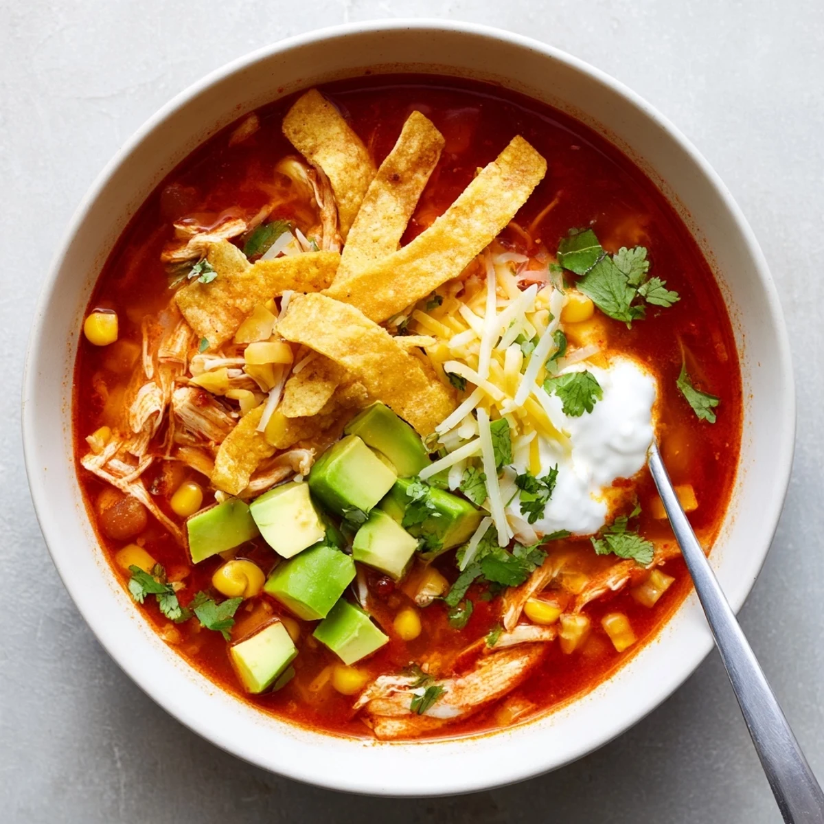 Hearty Mexican tortilla soup featuring tender chicken, corn, and crunchy baked tortilla toppings