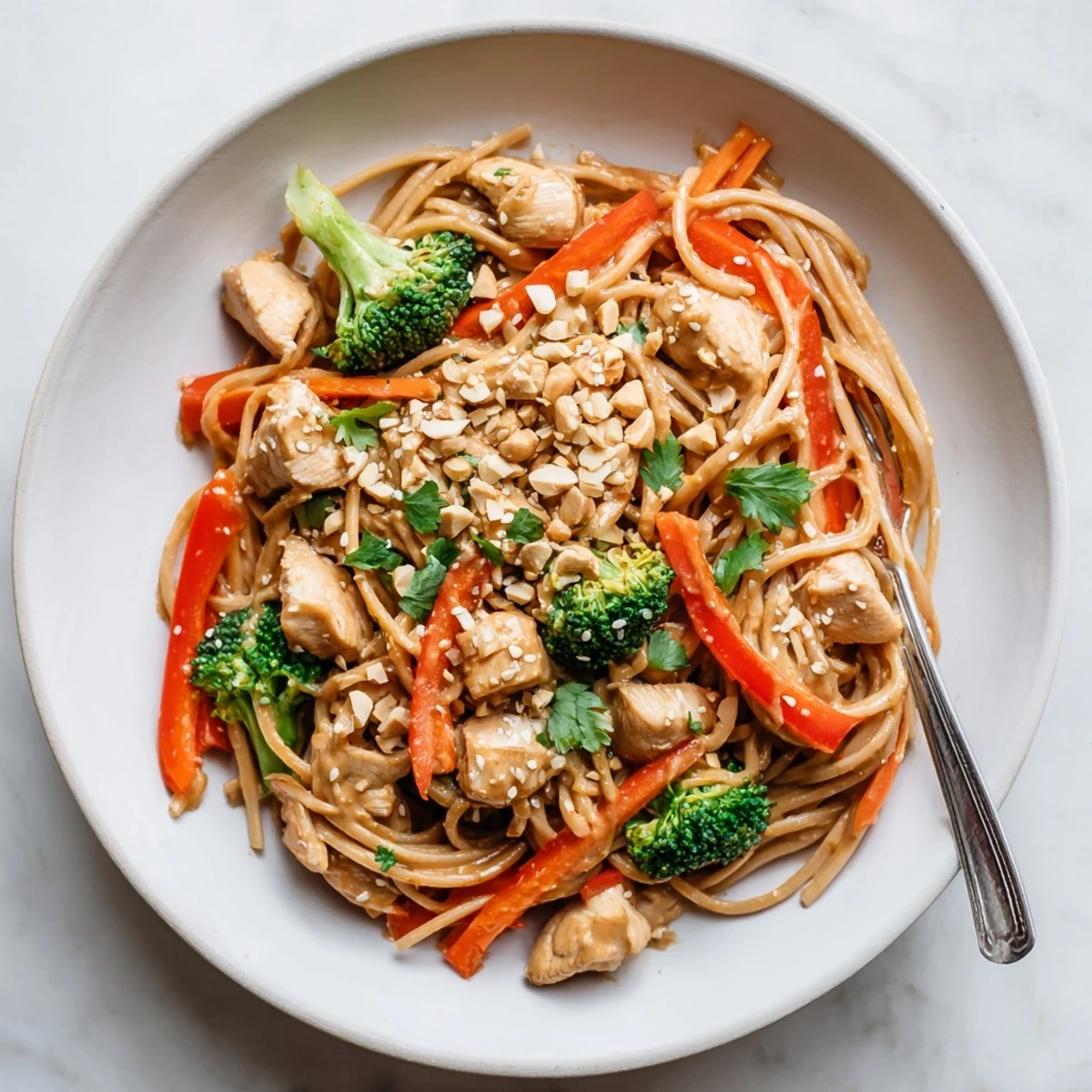 Whole wheat noodles tossed with savory peanut sauce, sliced bell peppers, and juicy chicken in meal prep containers