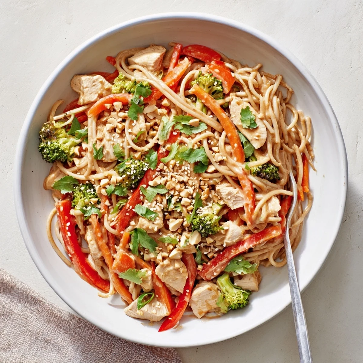 High protein peanut chicken noodle meal prep featuring crisp broccoli, carrots, and rich peanut butter sauce