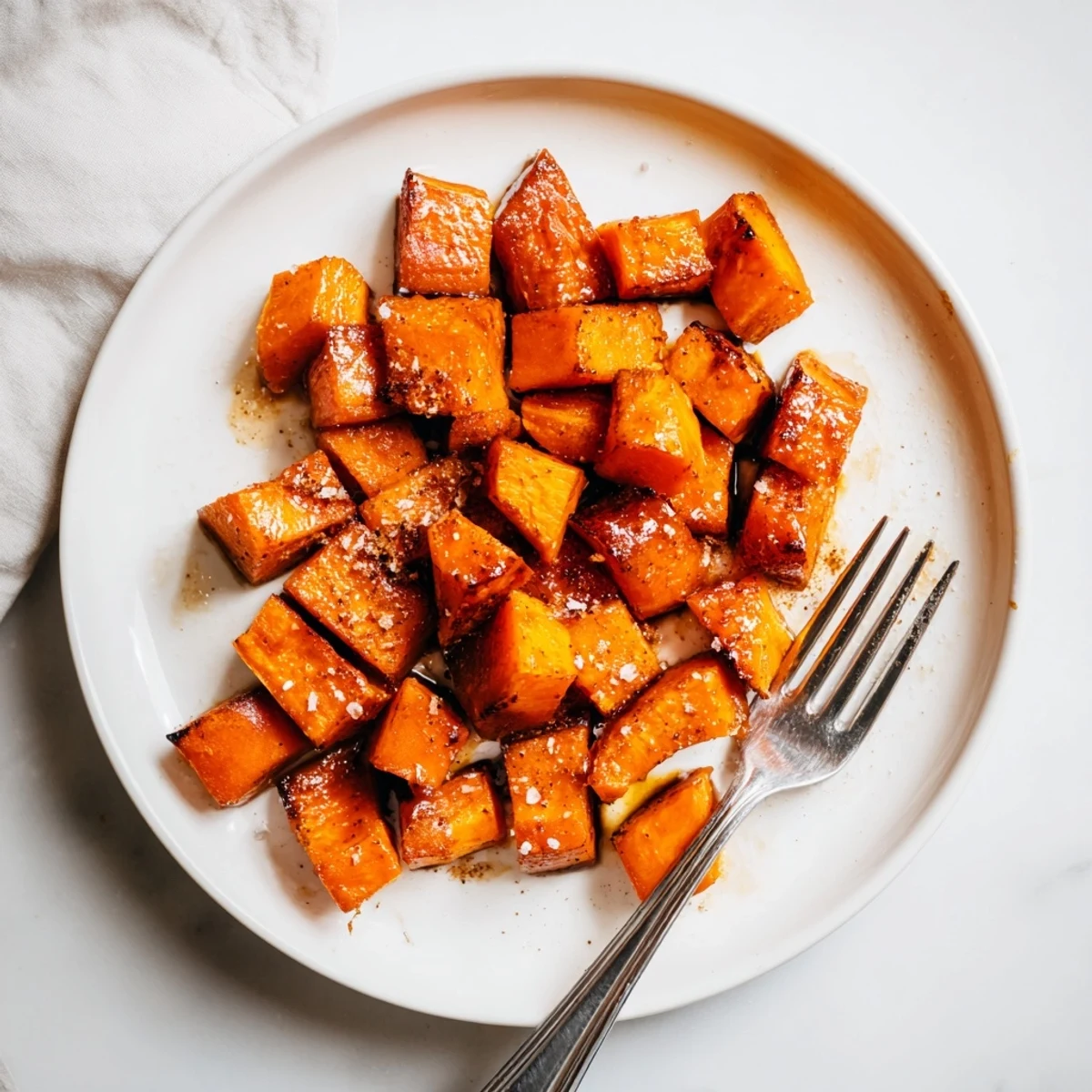 Golden honey cinnamon roasted sweet potato cubes arranged on a white baking sheet with caramelized edges