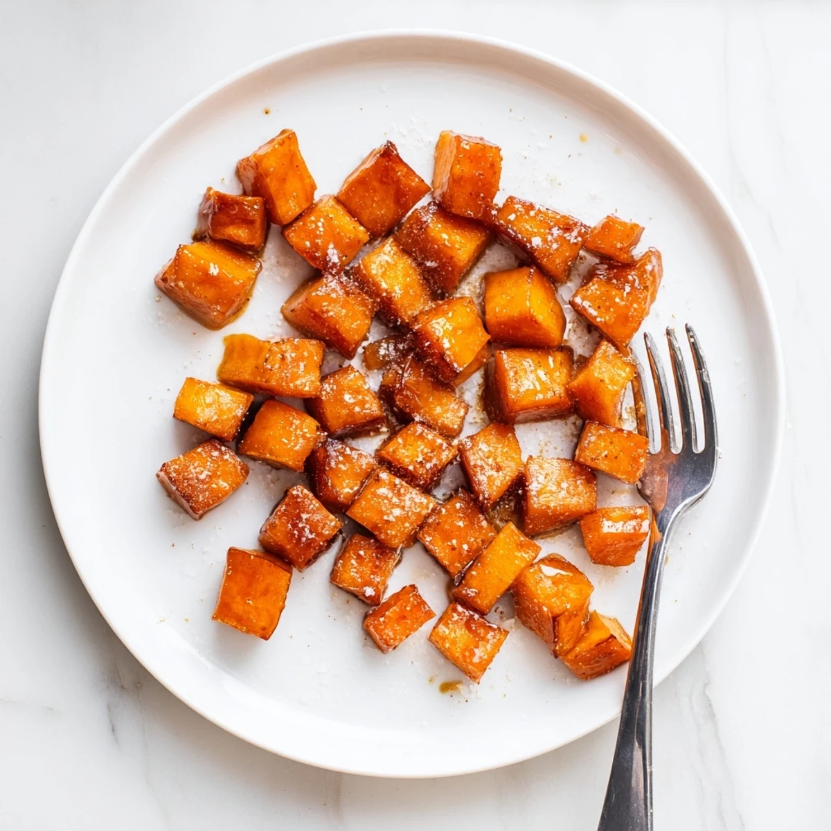 Freshly baked honey cinnamon roasted sweet potato cubes glistening with sweet glaze on a parchment lined pan