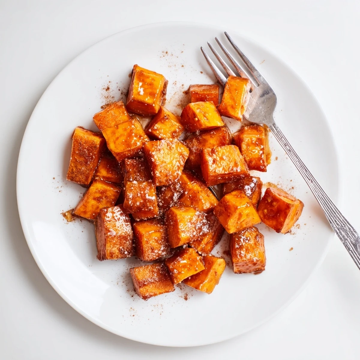 Warm bowl of honey cinnamon roasted sweet potato cubes seasoned perfectly and ready to serve as a side dish