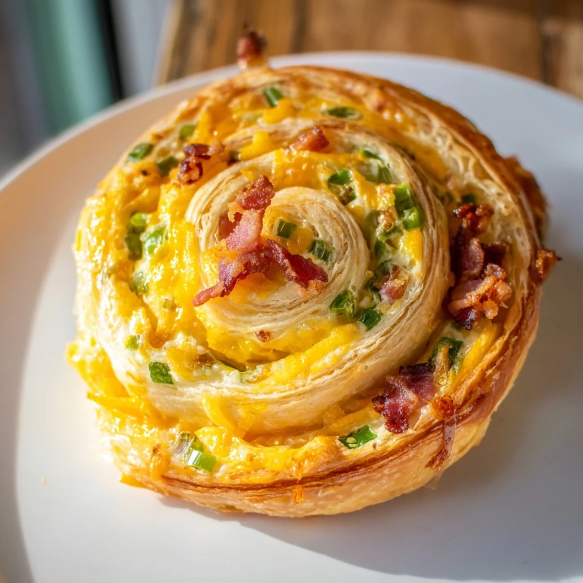 Golden brown jalapeño popper pinwheels with melted cheese and crispy bacon on a white serving plate