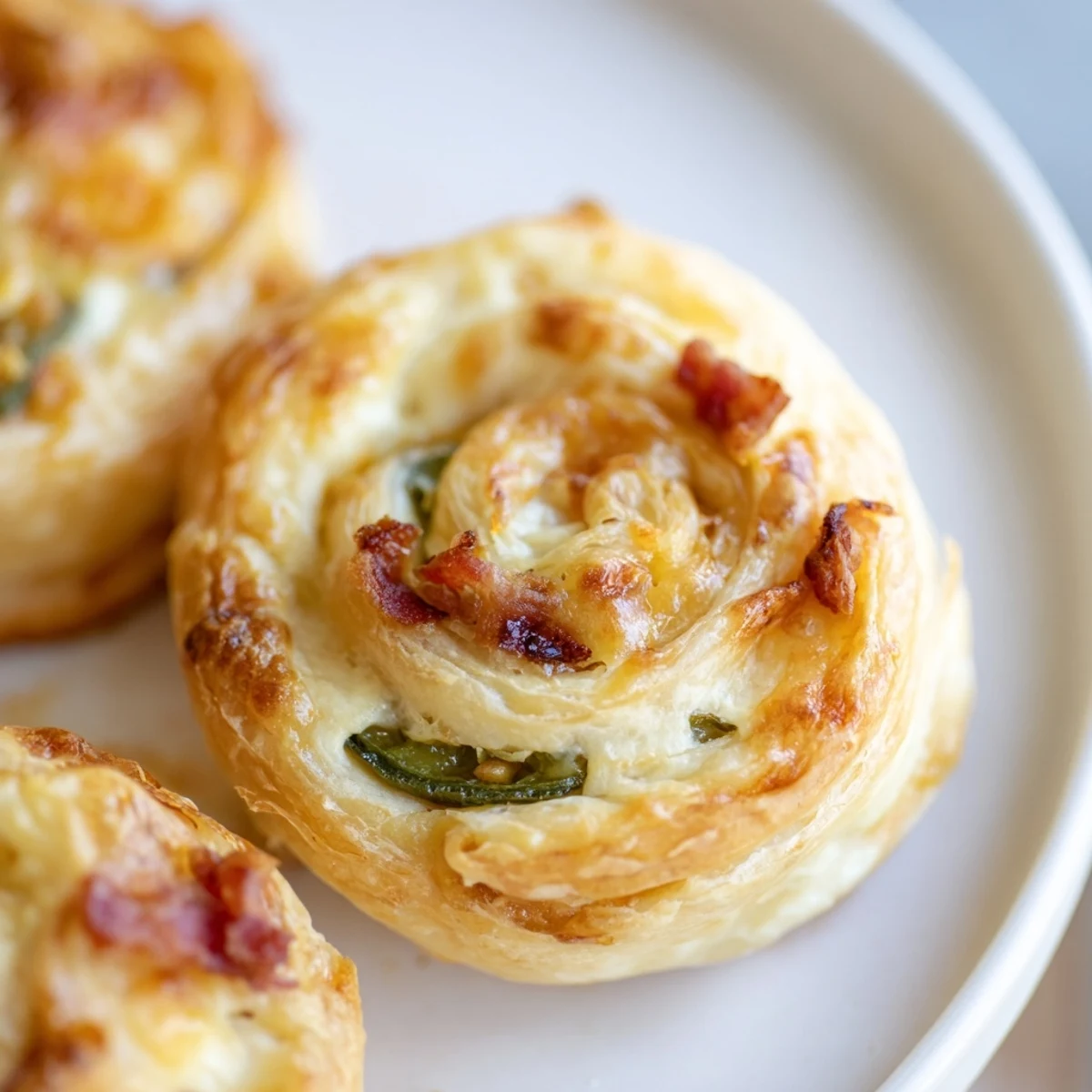 Flaky puff pastry pinwheels spiraled with cream cheese, cheddar, and diced jalapeños, freshly baked to perfection