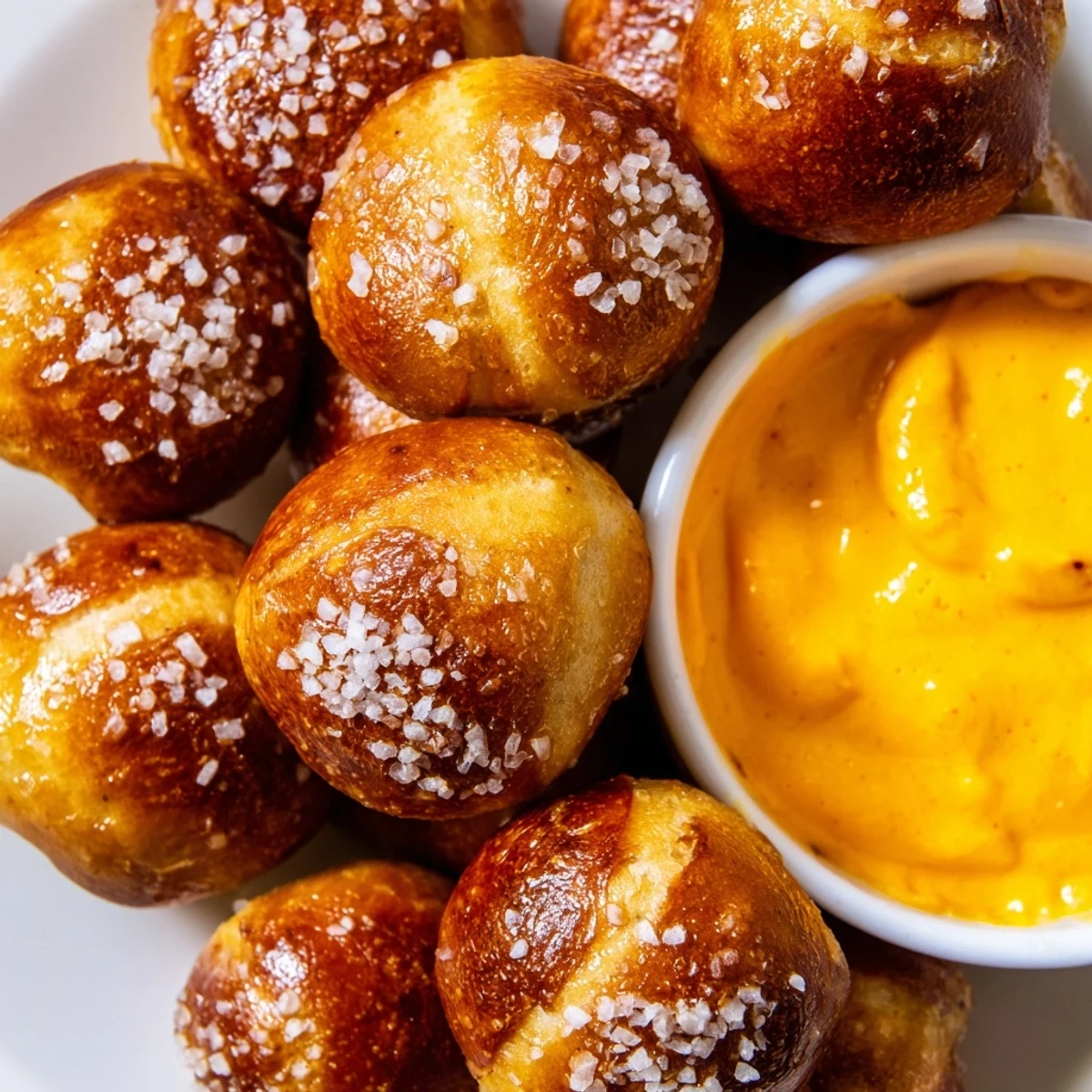 Chewy pretzel bread bites with crispy crusts alongside a creamy zesty cheese dip for dipping