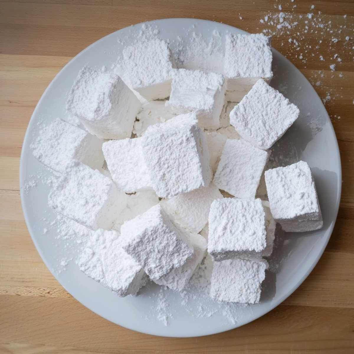 Soft pillowy homemade marshmallow recipe squares dusted with white powdered sugar on a wooden cutting board