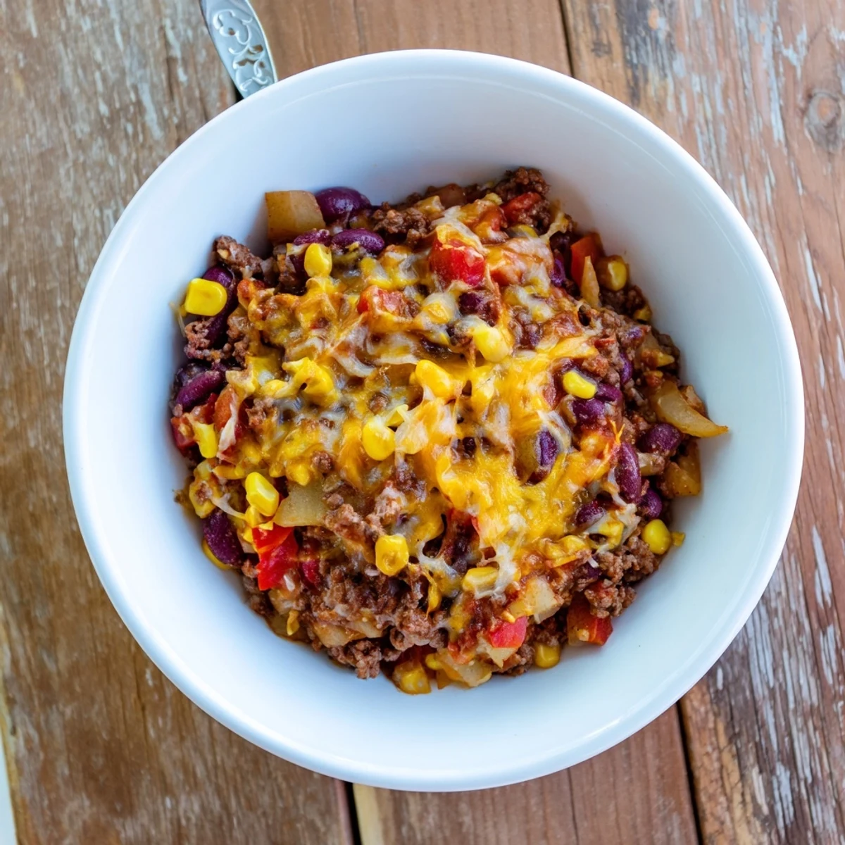 Slow Cooker Cowboy Casserole topped with melted cheddar over hearty beef and vegetables