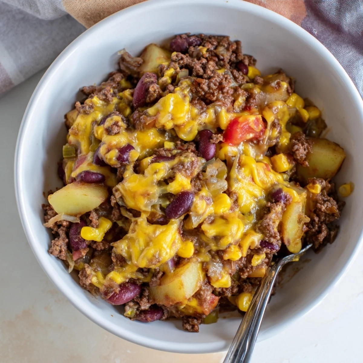 Savory Slow Cooker Cowboy Casserole featuring ground beef beans corn and tender diced potatoes