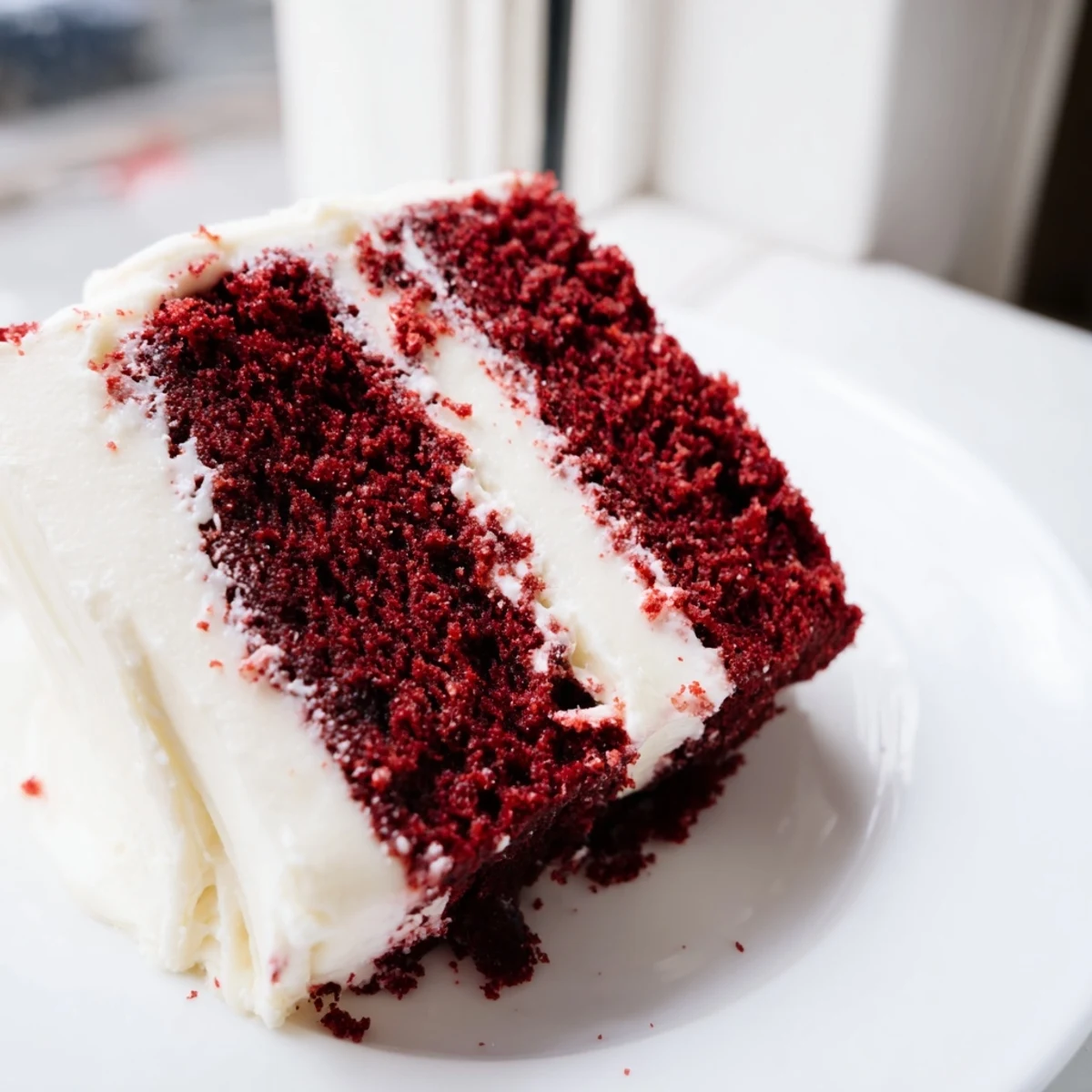 Two-layer red velvet cake recipe with thick cream cheese frosting and smooth red crumb