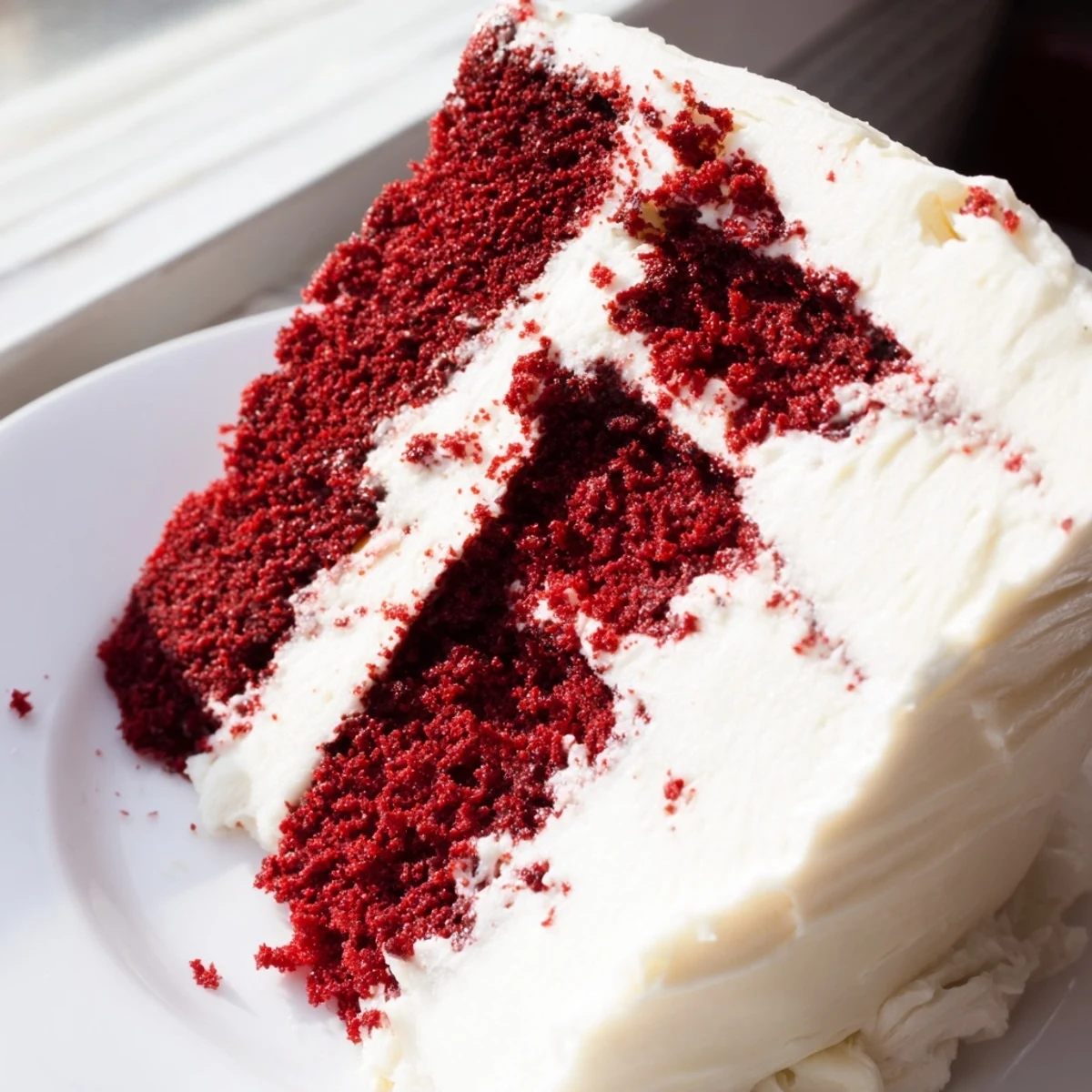 Slice of moist red velvet cake recipe on white plate with creamy swirl topping