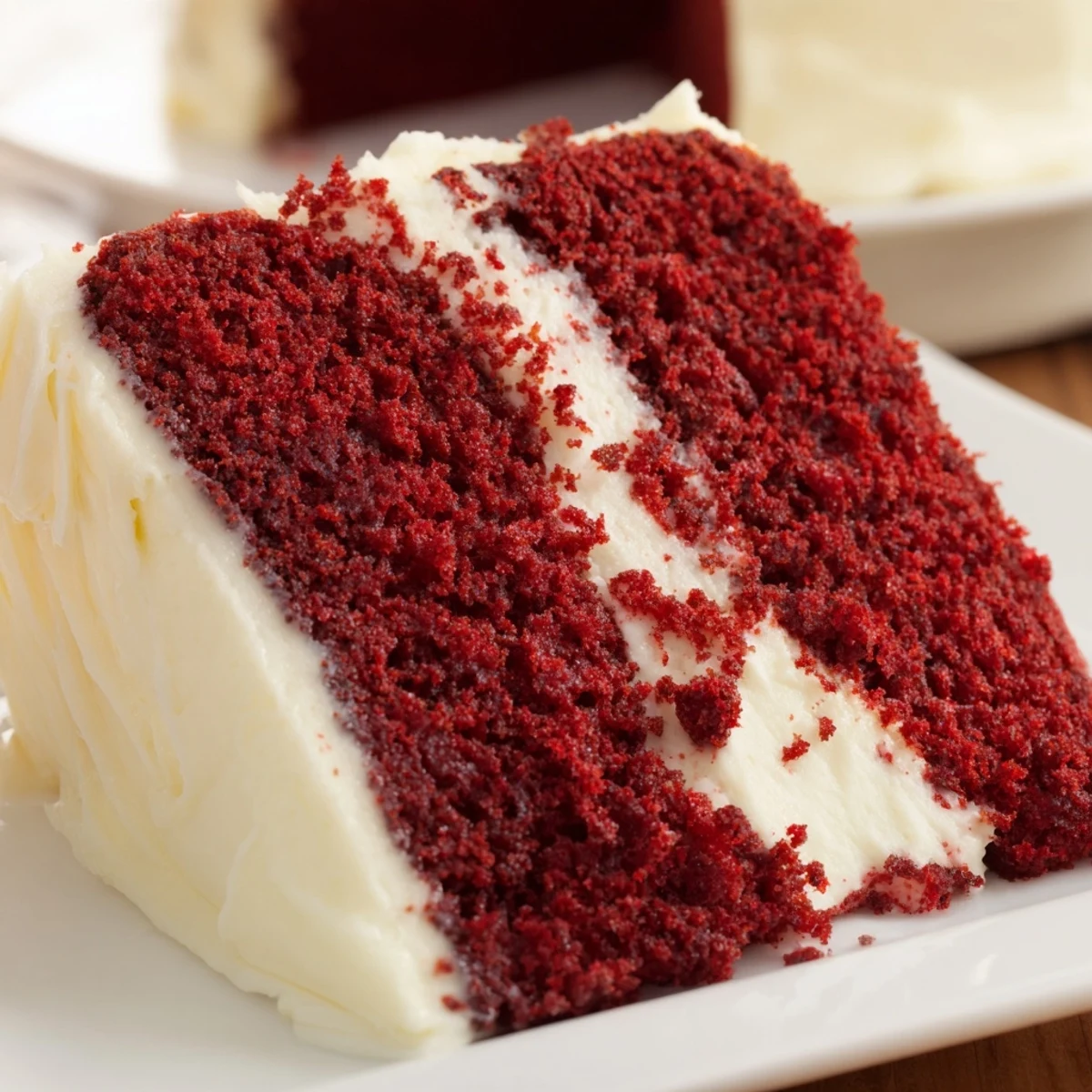 Homemade red velvet cake recipe showing fluffy layers and rich cream cheese frosting between