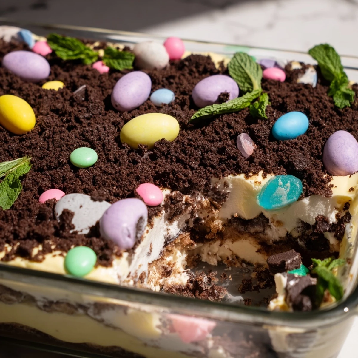 Easter dirt cake casserole with layers of creamy pudding and crushed chocolate cookies topped with colorful pastel candies