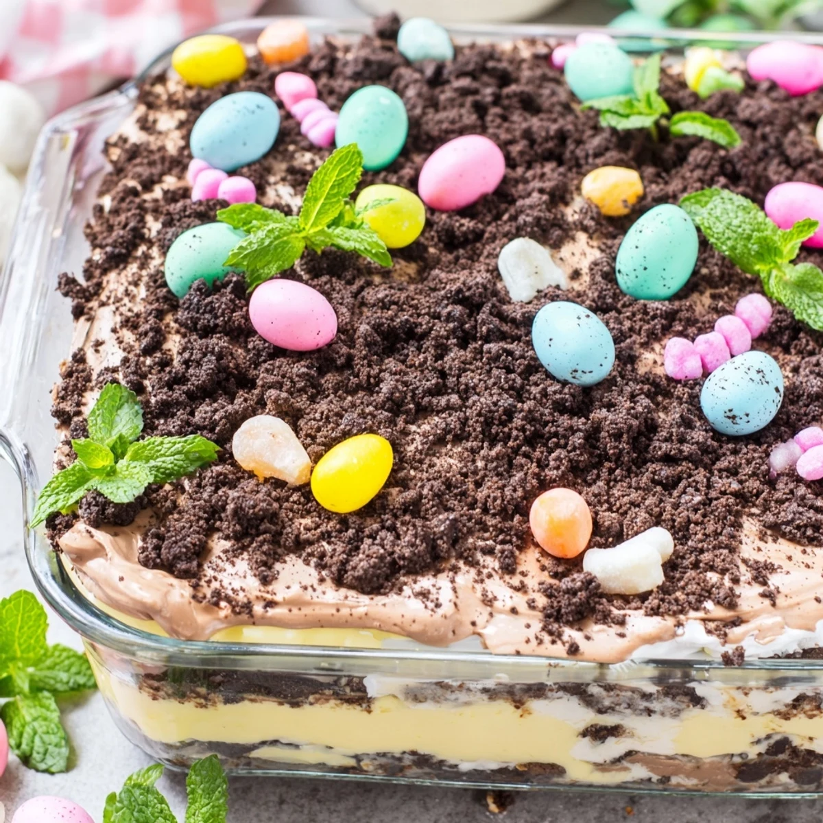 Creamy Easter dirt cake with mint garnish and pastel chocolate eggs arranged on chocolate cookie crumb topping