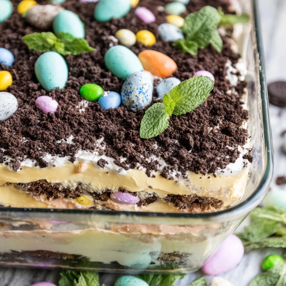 Spring dessert casserole featuring vanilla cream layers beneath cookie dirt and festive Easter egg candies