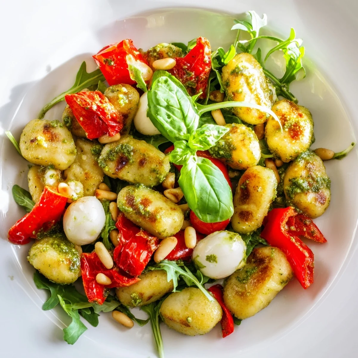 Golden roasted gnocchi salad with colorful vegetables, creamy mozzarella, and vibrant basil pesto dressing