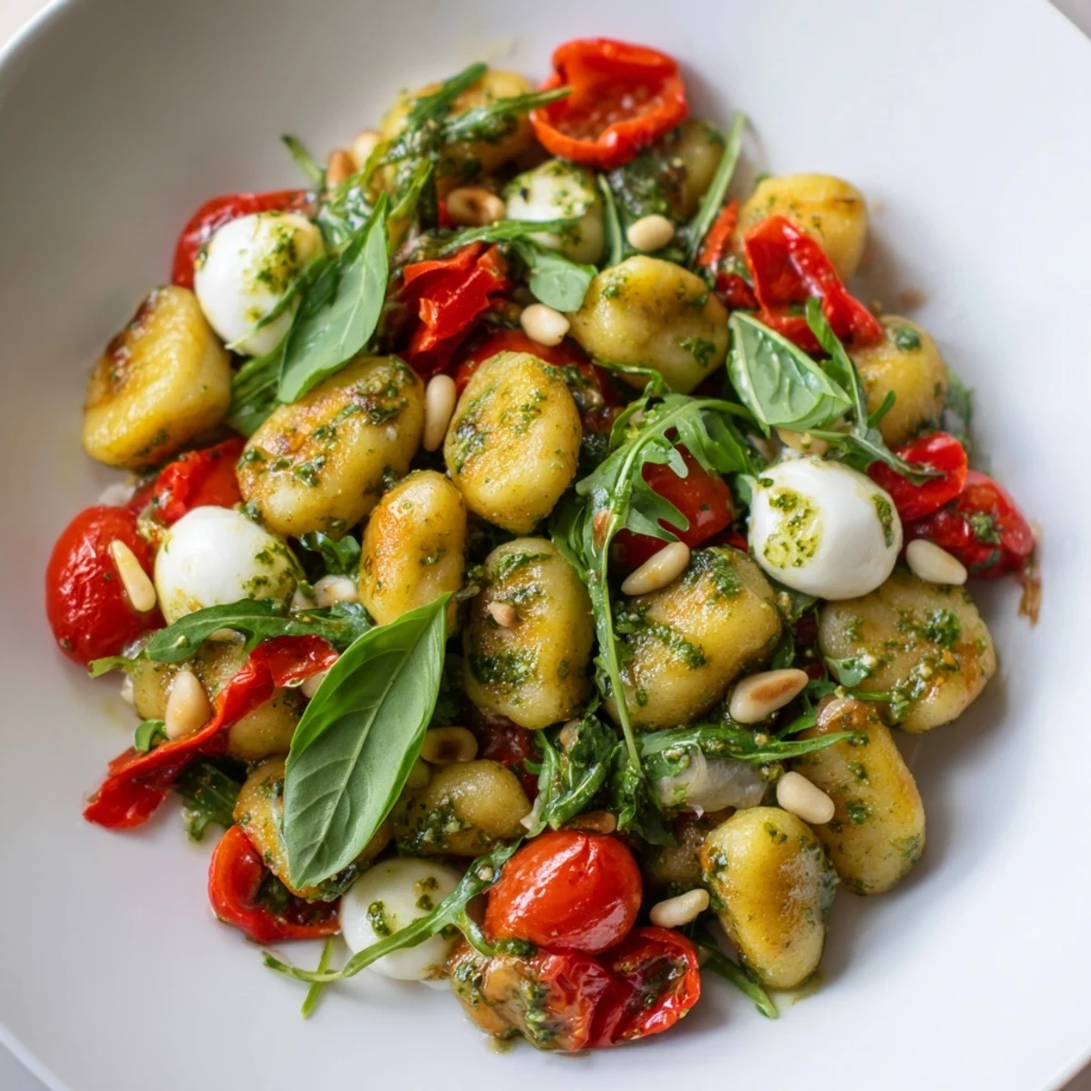 Warm Italian-inspired easy roasted gnocchi salad featuring cherry tomatoes and melted bocconcini cheese