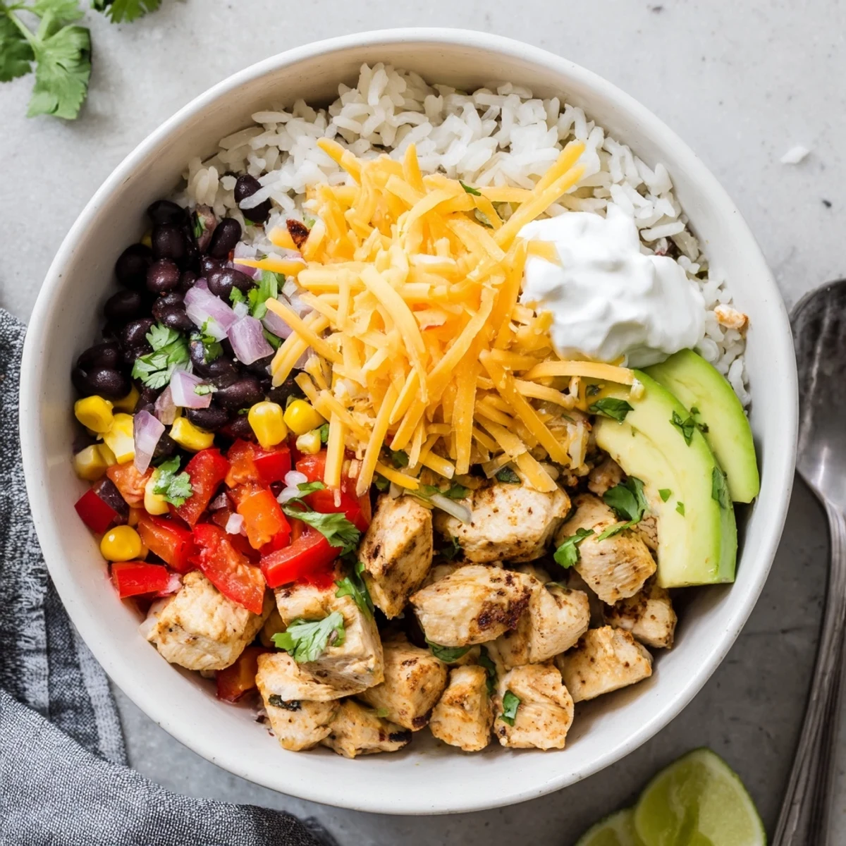 Steamy Instant Pot chicken burrito bowls topped with melted cheese, fresh avocado, and cilantro